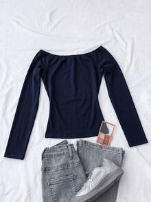 T-shirts pour adolescentes épaules dénudées gris clair imprimé floral anglais manches longues coupe slim, style décontracté universitaire - Bleu marine - Voir 2