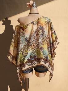 SHEIN ICON Plus Size Women's Asymmetric Shoulder All-Over Print Casual Versatile Daily Outing Top - Multicolor - View 2