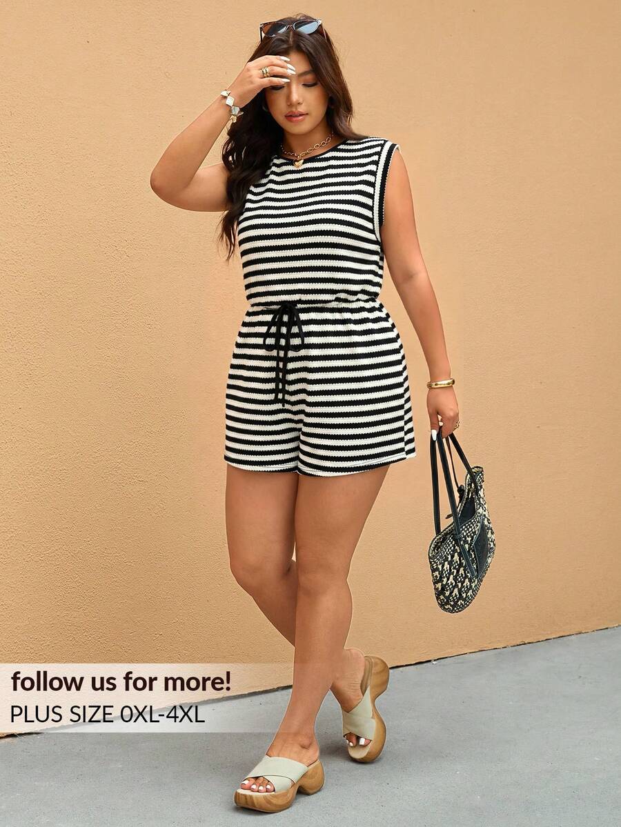 Elaquor Plus Size Women's Sleeveless Striped Drawstring Jumpsuit