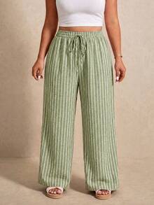 Elaquor Plus Size Women's Light Green Drawstring Waist Loose Long Pants Summer Versatile Beach Vacation Casual - Green - View 3