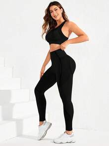 Gameset SHEIN Sport Cropped Tank Top And Leggings Seamless High Elasticity Sports Set - Multicolor - View 4