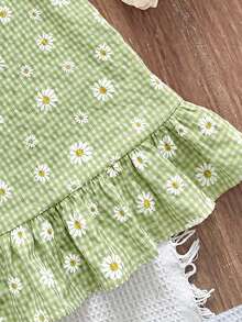 Emery Rose Kids Emery Rose Kids 女童休閒度假時尚黃白格紋雛菊圖案圓領無袖洋裝 - 綠色 - 查看 4