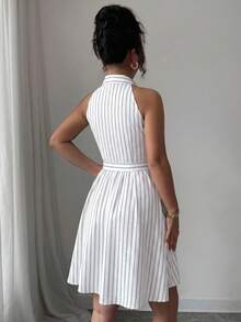 Vestido casual romántico sin mangas con cintura anudada para mujer 87F9 - Blanco y Negro - Ver 2
