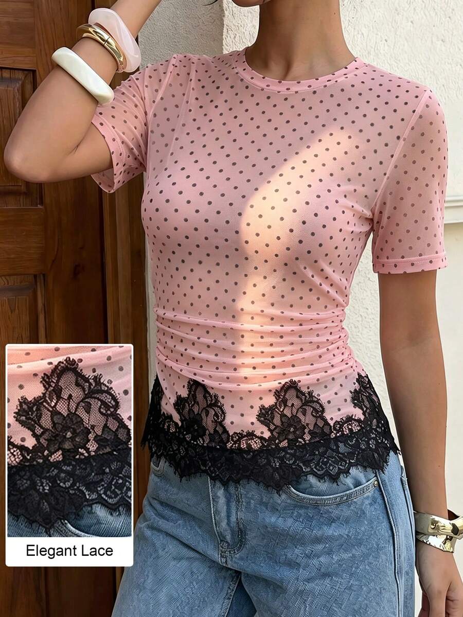 Modelyn 粉色网纱波点拼接荷叶边优雅时尚夏季短袖T恤