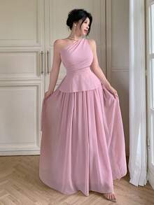 Modelyn Women's One-Shoulder Asymmetric Neckline Ruffle Strap Top And High-Waisted Draped Skorts Set Wedding Formal Christening Pink Summer Romantic Elegant - Pink - View 8