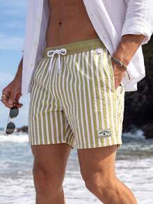 CoralVoy Men's Colorblock Drawstring Striped Beach Shorts, Holiday - Olive Green - View 6