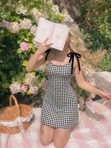 SHEIN MOD 黑白格子印花修身系带迷你连衣裙（女款） - 黑與白 - 查看 8