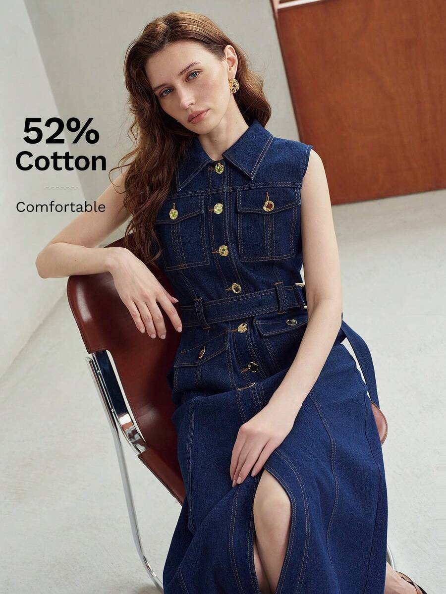 MOTF PREMIUM WOMEN'S SLEEVELESS DENIM DRESS WITH FLAP POCKETS AND BELT - Dark Wash - View 1
