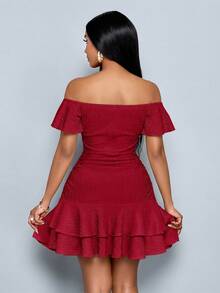 SOLERSUN Women's Fashionable Elegant V-Neck Off Shoulder Ruffle Sleeve Textured Mini Dress – Ruffle Sleeve Ruched Bodycon Double Ruffle Hem Party Dress For Club & Date Night,Women Ruffle Sleeve Ruched Bodycon Double Ruffle Hem Party Club Dress - Burgundy - View 3