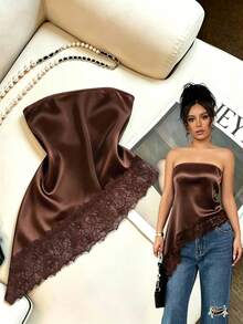 Elenzga Women's Strapless Lace Asymmetrical Hem Coffee Brown Top, Summer Top, Casual Elegant Top For Daily Outings, Commuting, Dating, Parties, Versatile For Young Women, Suitable For Western Theme Cruises, Holiday Celebrations, Beach Vacations, Music Festivals, Bohemian Style Vacations, Back To School, Wedding Season, Teacher's Day, Mother's Day, All Seasons, Sexy Vacation Outfit For Beach Club, Beach Dinner And Other Occasions - Brown - View 3