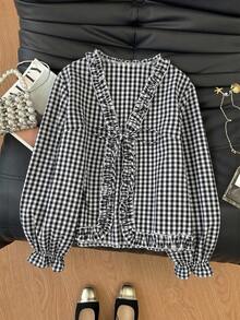 Muvela Camisa casual a cuadros con volantes y lazo delantero - Negro - Ver 1