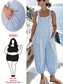 SHEIN CURVE+ Plus Size Women's Spring/Summer Elegant Fashion Commute Striped Pocket Drawstring Overall Jumpsuit - Blue and White - View 5
