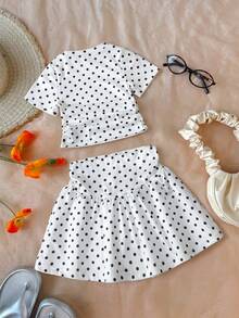 SHEIN Elladie kids 2件/組 女童圓點荷葉邊短袖T恤與休閒時尚裙組，夏季 - 黑與白 - 查看 3