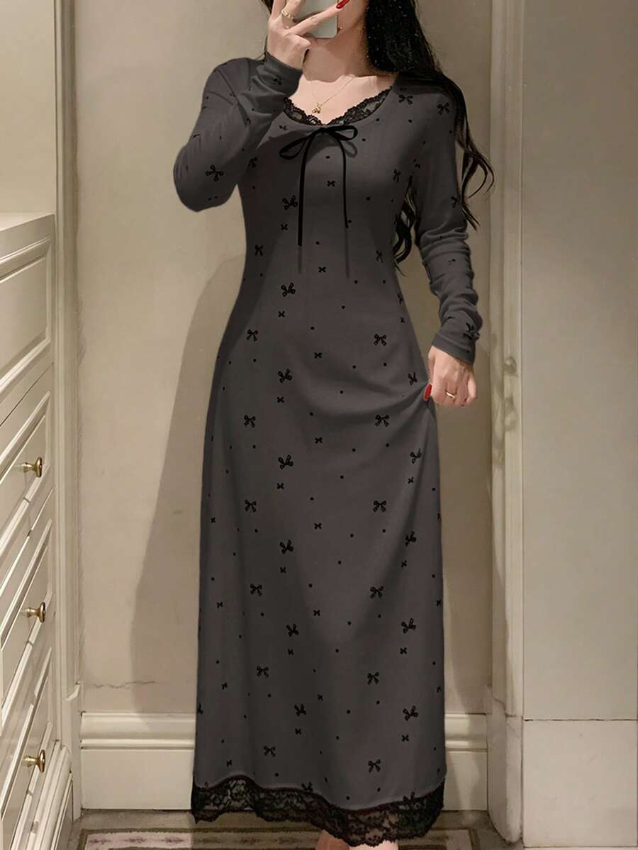 DAZY Bowknot Pattern All-Over Print Contrast Color Lace Patchwork Waist-Cinching Long Dress Summer Spring Outfit Women's Nightgown - Dark Grey - View 1