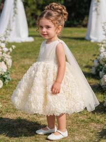 SHEIN Glamorique Kids 小女孩公主裙，杏色3D玫瑰花卉网纱无袖连衣裙，荷叶边肩部设计，适合生日派对、婚礼、节日、夏季穿着 - 杏色 - 查看 9