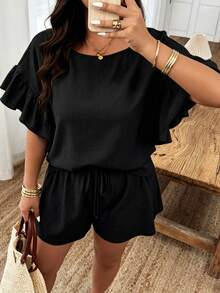 Weeklong Conjunto casual de mujer talla grande para primavera/verano con cuello redondo, mangas con volantes y shorts cortos - Negro - Ver 3