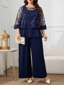 Modelyn Plus Size Women's Dark Blue 3D Floral Decor Mesh Patchwork Round Neck Top And Solid Color Wide Leg Pants 2pcs Set, Party Wedding, Formal, Evening Gown - Navy Blue - View 5