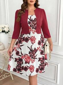 Reflora Vestido elegante de manga 3/4 con estampado floral para mujeres de talla grande, adecuado para vacaciones - Burdeos - Ver 1