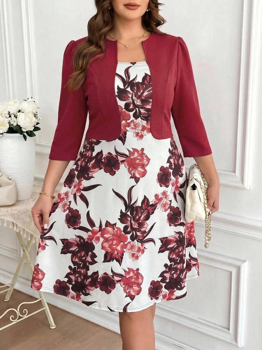 Reflora Vestido elegante de manga 3/4 con estampado floral para mujeres de talla grande, adecuado para vacaciones - Burdeos - Ver 1