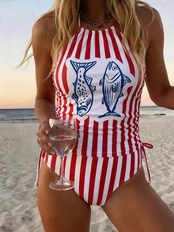 Vaclyn Women's Summer Beach Vacation Style Color Block Striped Fish Print Backless Knot Halter Tankini Swimsuit