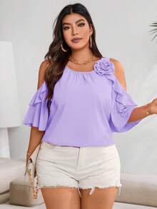 Vionelle Plus Cold Shoulder Ruffle Trim Blouse For Summer For New Year Clothes - Mauve Purple - View 1