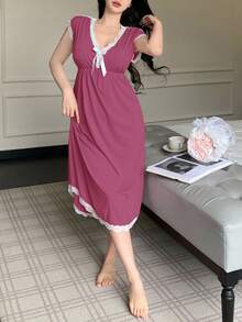 SHEIN 女款深V領蝴蝶結睡袍 - 粉色 - 查看 6