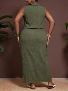 Veslaya Plus Size Women's Solid Color Zipper Top And Skirt Casual Daily Set - Army Green - View 3