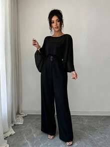 SHEIN Raffinéa 女款素色蝙蝠袖上衣與寬腿抹胸連身褲套裝 - 黑色 - 查看 7