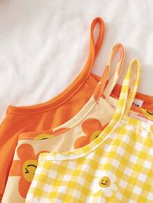 SHEIN Elladie kids 女童針織牛奶絲彈性吊帶連身衣3件組，甜美休閒度假風，純色+大花臉+格紋雛菊印花，嬰幼兒居家日常戶外玩樂幼兒園學校休閒百搭，柔軟舒適收腰連身衣，活潑活力夏日風 - 彩色 - 查看 7