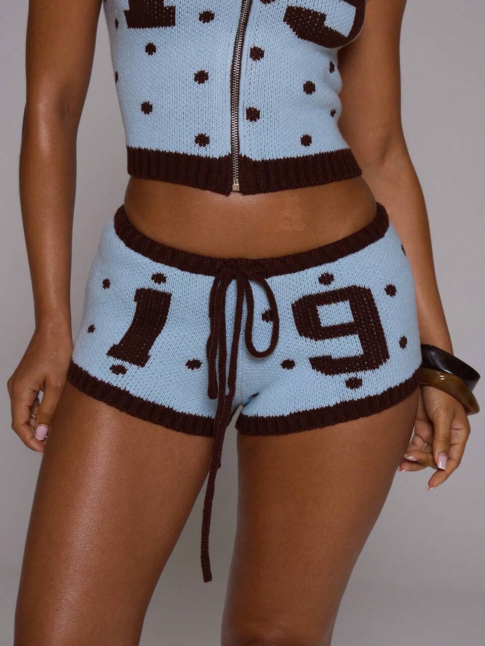 Contrast Colour Knit Graphic Printed Mini Shorts Summer Vacation Ibiza Holiday Fesatival