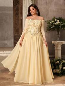 Aureia 淡黃色優雅華麗亮片拼接雪紡露肩保守水袖大尺碼正式晚禮服 - 黃色 - 查看 10