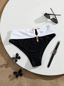 Swim Vcay 女款夏季海灘抓皺撞色比基尼泳褲褲底，配金屬飾件 - 彩色 - 查看 6