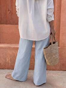 Flora Isola Flora Isola Casual Vacation Bohemian Light Blue All Cotton Women's Long Pants Autumn - Blue - View 2