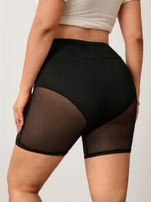 Enliva Plus Size Women's Transparent Mesh Contrast Lace Cycling Shorts - Black - View 3