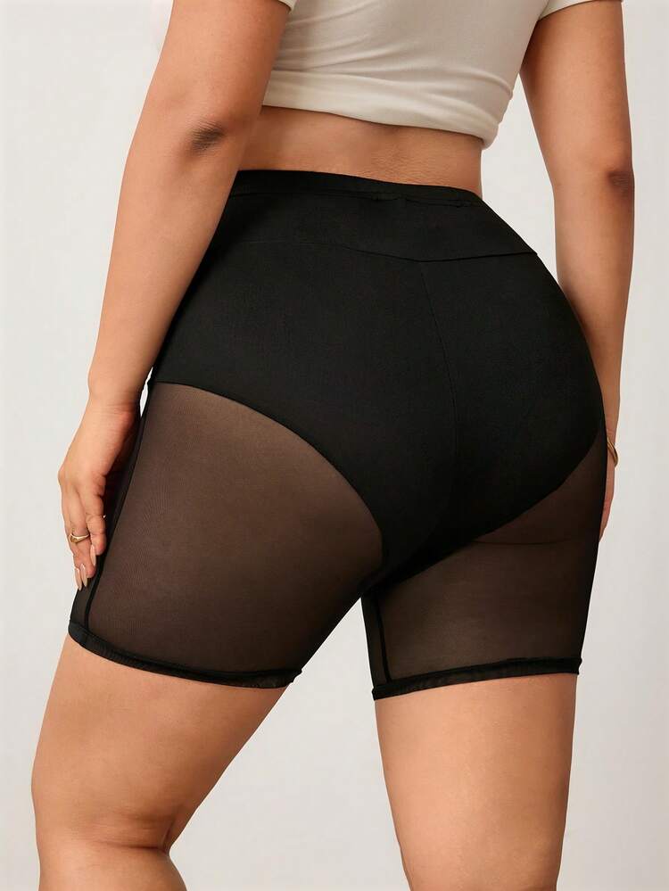 Enliva Plus Size Women's Transparent Mesh Contrast Lace Cycling Shorts - Black - View 2