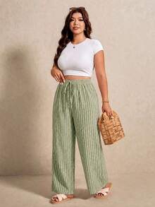 Elaquor Plus Size Women's Light Green Drawstring Waist Loose Long Pants Summer Versatile Beach Vacation Casual - Green - View 5