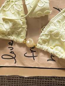 SHEIN Swim 2026春夏女款甜美度假比基尼泳衣兩件套，細肩帶掛脖設計，黃色花卉印花，附黃色配件 - 黃色 - 查看 6