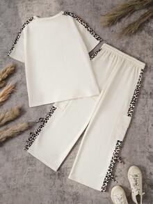 SHEIN 2pcs/Set Girls Casual Chic StreetFashion Outfit,White Loose Fit Round Neck Leopard Print T-Shirt Wide Leg Pants,Cute Summer Back-To-School School - Apricot - View 2