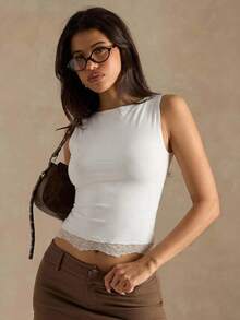 SHEIN BAE 女款甜美優雅蕾絲拼接時尚背心上衣 - 白色 - 查看 8