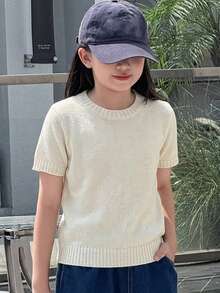Dazy Kids 少女簡單百搭圓領短袖針織上衣 - 米色 - 查看 5