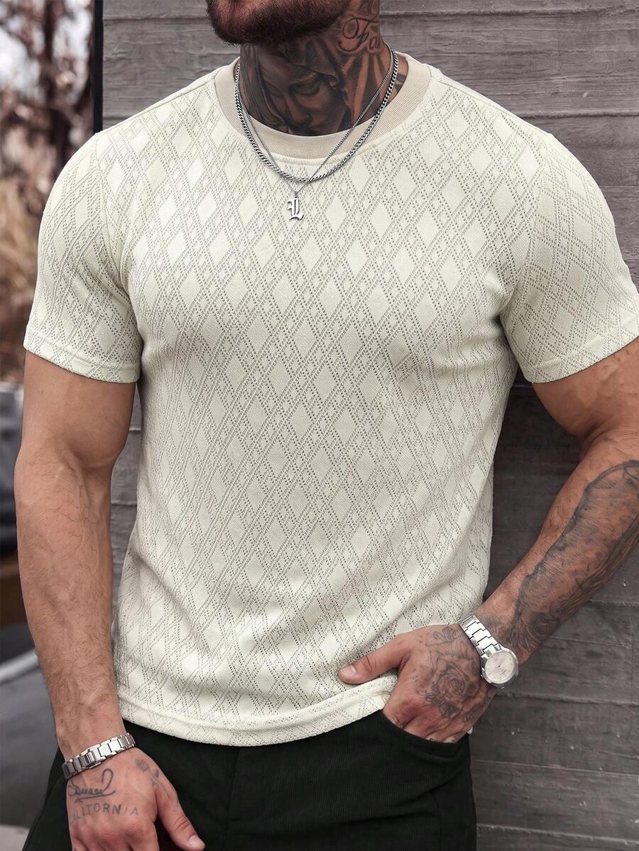 Manfinity Homme Men's Casual Versatile Round Neck Short Sleeve T-Shirt For Daily Wear - Khaki - View 1