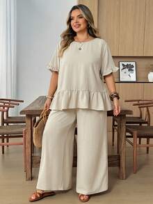 SHEIN CURVE+ Women's Plus Size Solid Color Round Neck Pleated Short Sleeve Top And Wide Leg Pants Casual Two Pieces Set Summer Vacation Beige Vacation - Grey - View 6