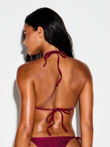 KIZN Women Sparkly Rhinestone Triangle Halter Bikini Set With Side Tie Bottom Summer Beach Swimwear - Burgundy - View 2