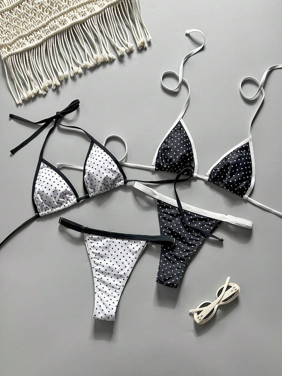 Swim Vcay 女款泳裝套裝,沙灘裝,肩帶露背上衣與丁字褲組合套裝,海灘度假風多件式套裝,夏季新款泳衣 - 黑與白 - 查看 1