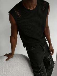 Manfinity EMRG Men's Fashion Versatile Distressed Crew Neck Knit Vest - Black - View 3