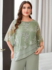 Reflora Plus Size Women's Floral Embroidery Pattern Top And Wide Leg Pants Casual Daily 2-Piece Set - Green - View 9