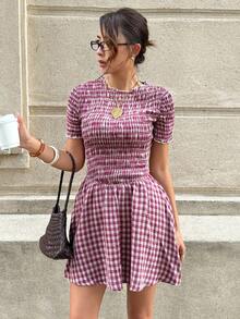 Siren Gaze Cottagecore Cute 70s Plaid Short-Sleeve Dress High-Waisted Pleated Bodice Ruffled Cuffs Puffed A-Line Mini Summer Vacation White Brunch - Red - View 6