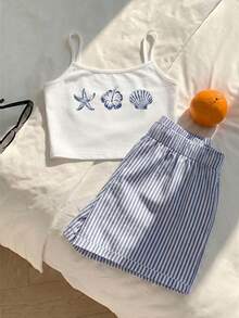 青少年女孩吊帶背心與抽繩短褲套裝，簡約白色與藍色海鮮圖案印花，適合夏季，粉色吊帶背心，女孩吊帶背心 - 彩色 - 查看 5