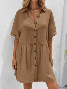 SHEIN VCAY Plus Size Shirt Collar Batwing Sleeve Patchwork Dress - Brown - View 5