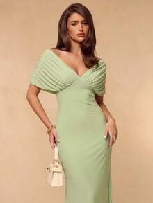 SHEIN BAE فستان نسائي صيفي أنيق بلون موحد مطوي برقبة على شكل حرف V - أخضر - مشاهدة 5